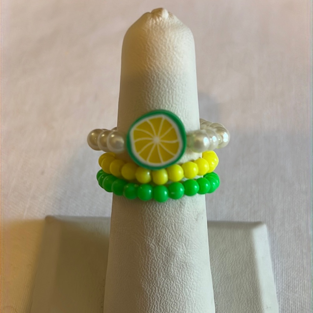 Handmade Green & Yellow Beaded Citrus Ring Set, Stretchy